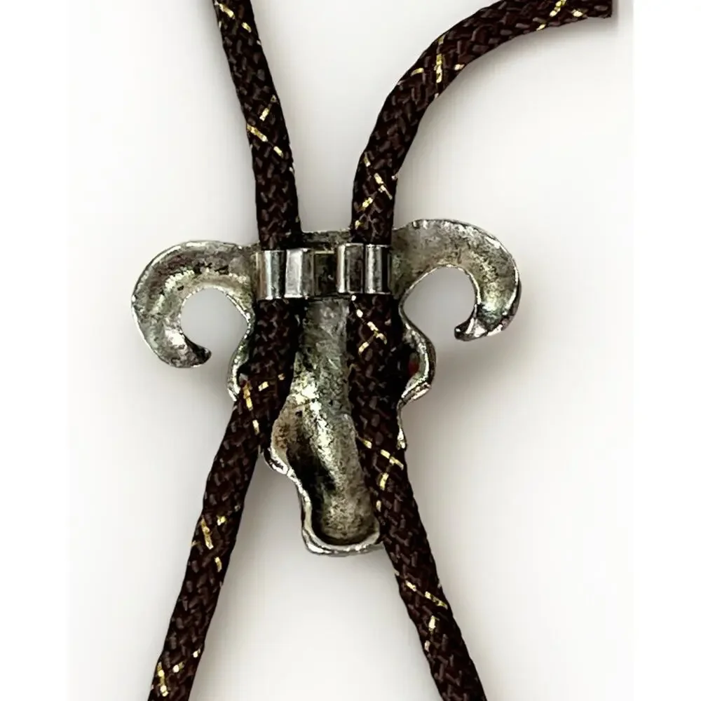 Western Ram Skull Bolo Tie Silver Tone Red Eyes Brown Braided Cord 33”